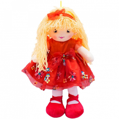 Boneca de Pano com Vestido Vermelho e Cabelo Laranja Encaracolado 59cm